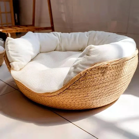 Cat Kennel Dog Beds Sofa Bamboo Weaving Cozy Nest Baskets Removable Cushion - Nekoby Cat Kennel Dog Beds Sofa Bamboo Weaving Cozy Nest Baskets Removable Cushion Pet Bed with Pillow / 32cmx32cm
