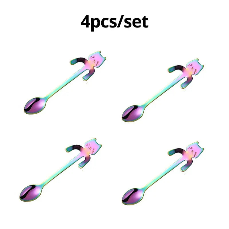 Mini Cat Kitten Design Stainless Steel Flatware Gadgets Set of 4 Coffee/Tea/Dessert/Drink Mixing Spoons - Nekoby Mini Cat Kitten Design Stainless Steel Flatware Gadgets Set of 4 Coffee/Tea/Dessert/Drink Mixing Spoons 4pcs colorful