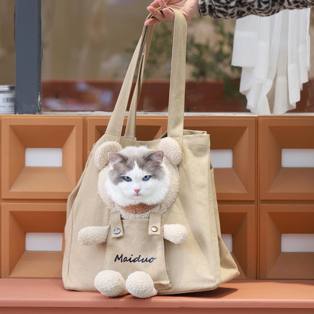 Spacious and Breathable Cat Travel Carrier Bag with Adorable Cartoon Bear Design for Outdoor Adventures