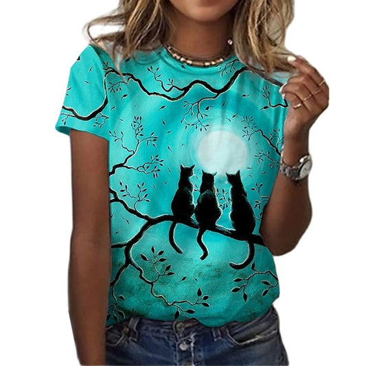 3D Cats Women T Shirt - Cat in moonlight - Nekoby 3D Cats Women T Shirt - Cat in moonlight XXS