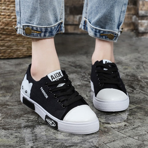 Cat Cartoon Canvas Sneakers shoes - Nekoby Cat Cartoon Canvas Sneakers shoes black / 35