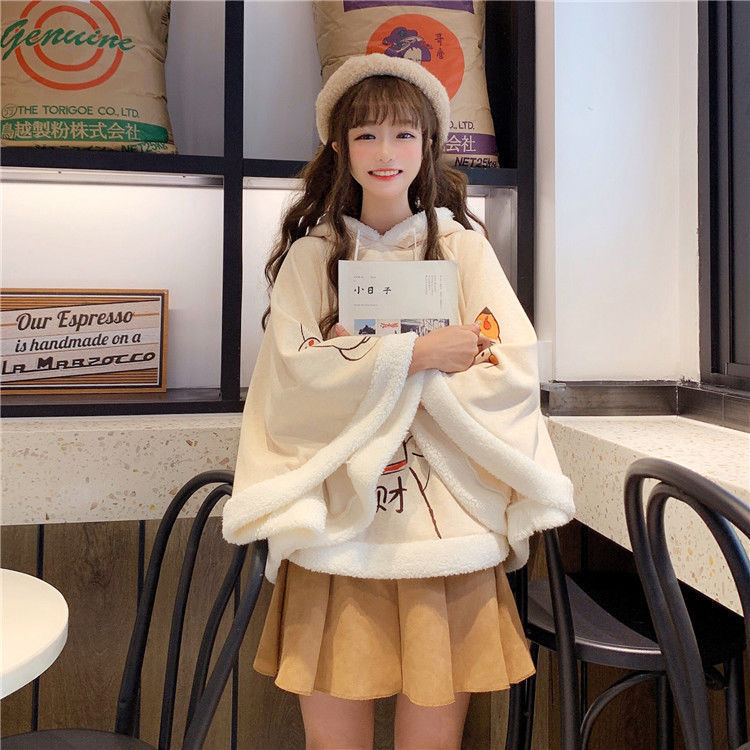 Lady Girls Cloak Cape Coat Winter Fleece Ear Hooded Baggy Poncho Japanese  Kawaii