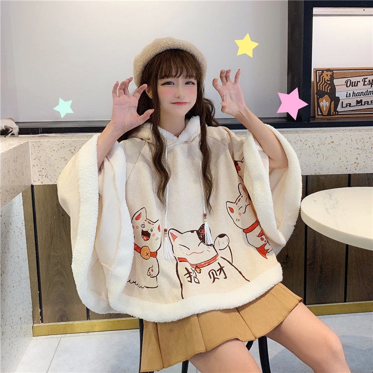 Lady Girls Cloak Cape Coat Winter Fleece Ear Hooded Baggy Poncho Japan –  Nekoby