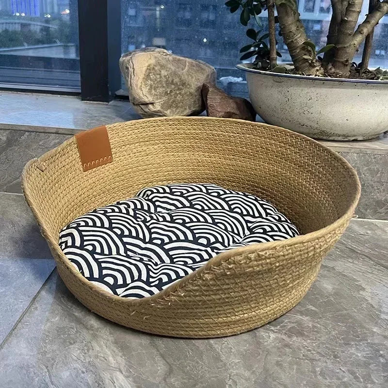 Cat Kennel Dog Beds Sofa Bamboo Weaving Cozy Nest Baskets Removable Cushion - Nekoby Cat Kennel Dog Beds Sofa Bamboo Weaving Cozy Nest Baskets Removable Cushion
