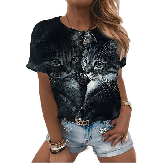 3D Cats Women T Shirt - Twin Cats - Nekoby 3D Cats Women T Shirt - Twin Cats XXS