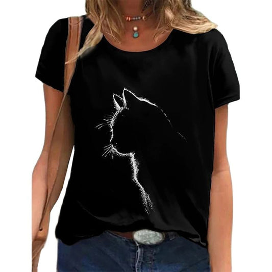 3D Cats Women T Shirt - Black Cat Shadow