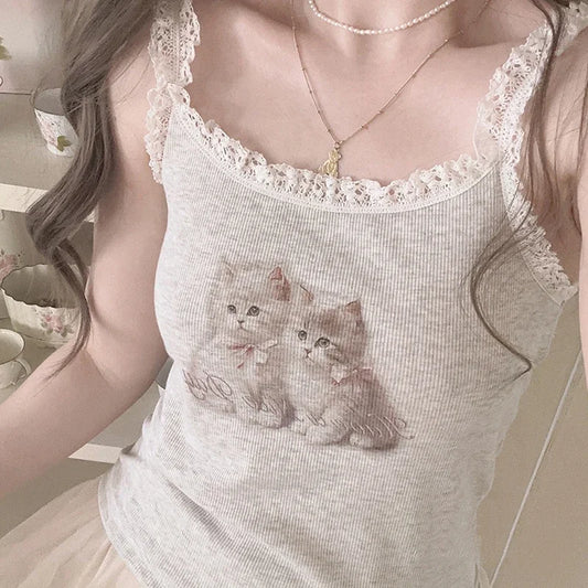 Lace Trimmed Two Cats Print Crop Tops for Sweet Girls Kawaii Clothes Perfect for Summer Season - Nekoby Lace Trimmed Two Cats Print Crop Tops for Sweet Girls Kawaii Clothes Perfect for Summer Season