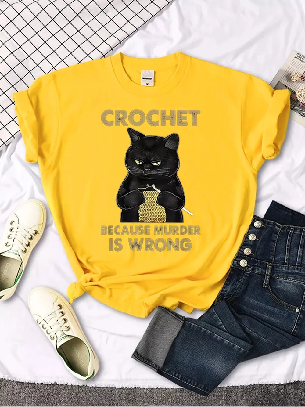 Whimsical Black Cat Shirt: A Playful Twist on Crochet with a witty Message - Nekoby Whimsical Black Cat Shirt: A Playful Twist on Crochet with a witty Message Yellow||14 / Asian XL||5