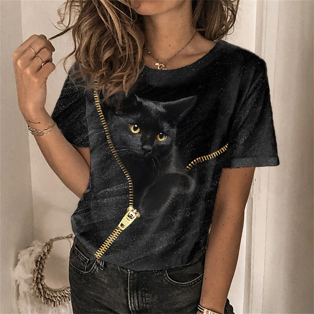 3D Cats Women T Shirt - Black Cat in the Zip - Nekoby 3D Cats Women T Shirt - Black Cat in the Zip TXCL-928-Cat-4 / XXS