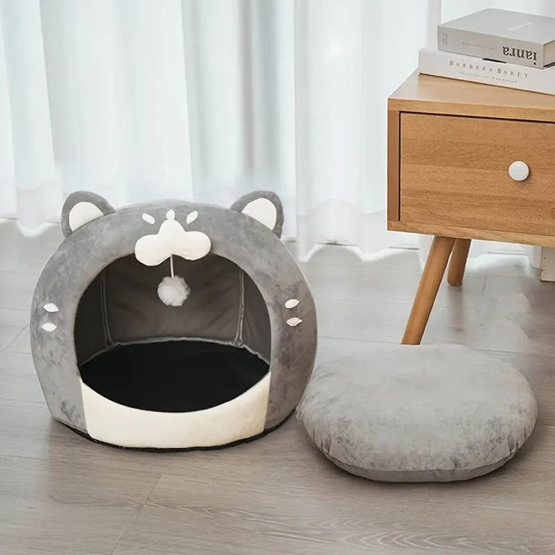 Cotton Cat Bed Soft Pet House with Cushion Cute Cozy Cat-Shaped for Small Dogs Autumn Winter Pet Supplies - Nekoby Cotton Cat Bed Soft Pet House with Cushion Cute Cozy Cat-Shaped for Small Dogs Autumn Winter Pet Supplies