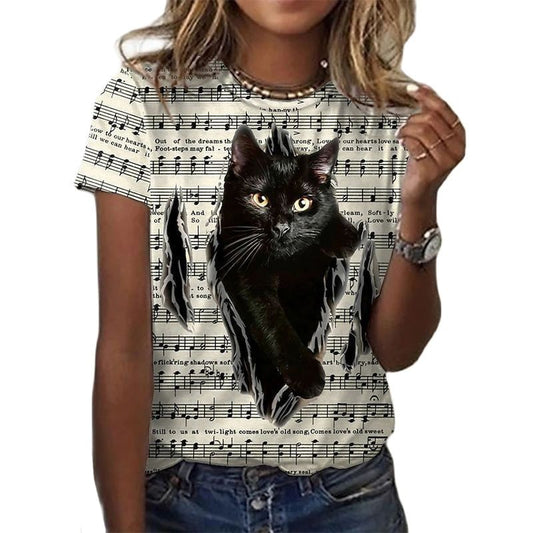 3D Cats Women T Shirt - Black Cat Music Note