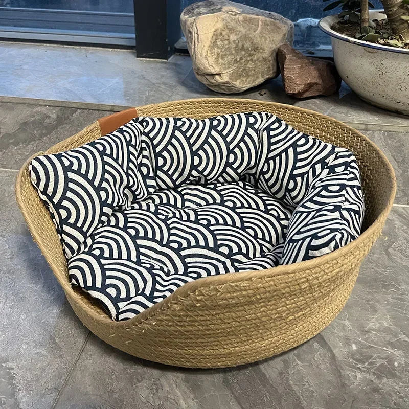 Cat Kennel Dog Beds Sofa Bamboo Weaving Cozy Nest Baskets Removable Cushion - Nekoby Cat Kennel Dog Beds Sofa Bamboo Weaving Cozy Nest Baskets Removable Cushion