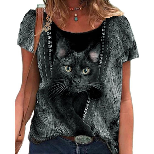 3D Cats Women T Shirt - Black Cat Coming out