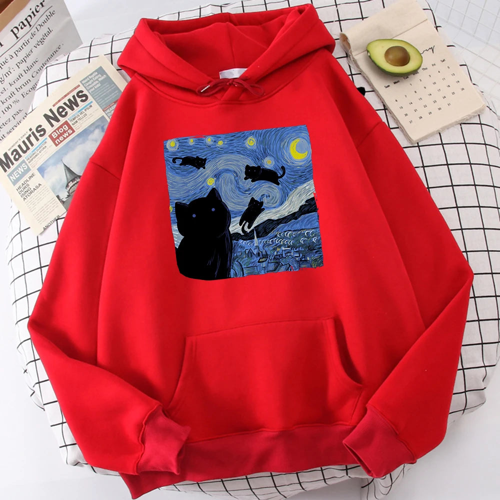 The Starry Cat Night Printing Hoodies Men Autumn Oversize Hoodie Fashion Fleece Sweatshirts Casual S-Xxl Pullover Tops - Nekoby The Starry Cat Night Printing Hoodies Men Autumn Oversize Hoodie Fashion Fleece Sweatshirts Casual S-Xxl Pullover Tops Red / L