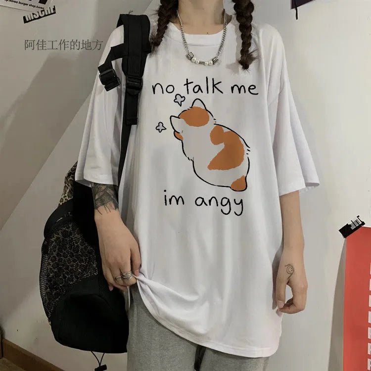 Angy Cat Print Women's T-shirt Oversize Short Sleeve Harajuku Style Kawaii Animal Patterned Top for Ladies - Nekoby Angy Cat Print Women's T-shirt Oversize Short Sleeve Harajuku Style Kawaii Animal Patterned Top for Ladies