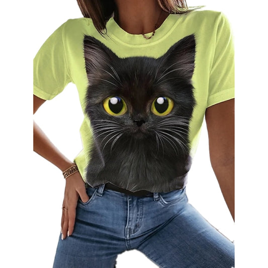 3D Cats Women T Shirt - Black Cat in Yellow