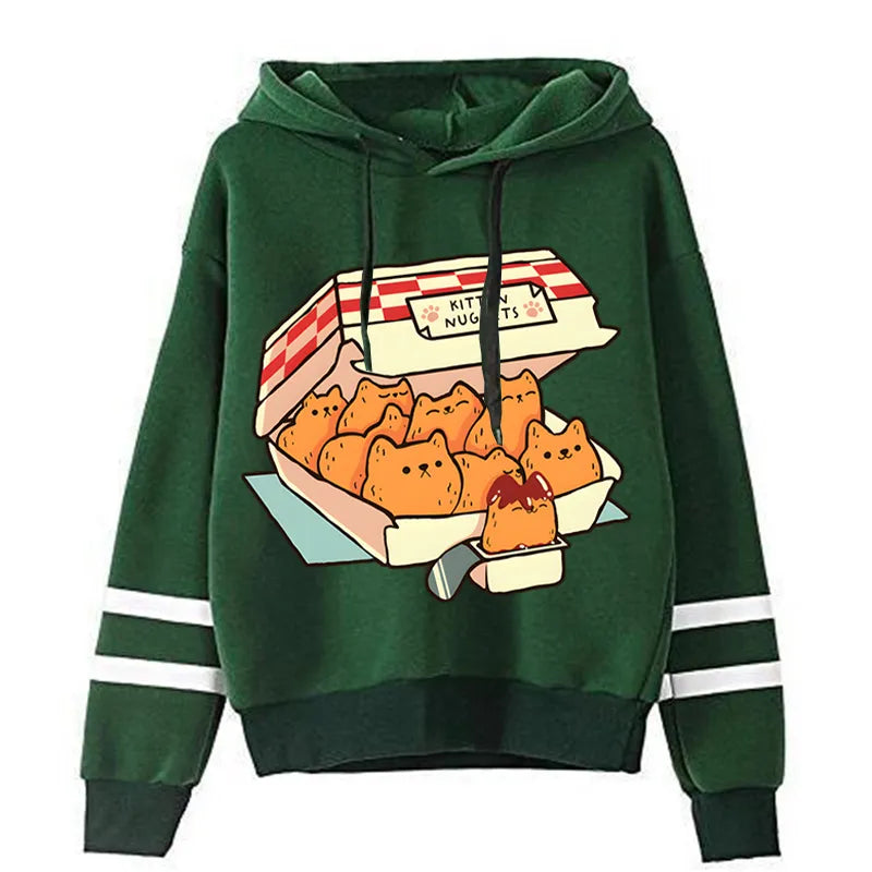Cute Cat Print Women Hoodie: "Kitten Nugget Fast Food" Cozy, Stylish, and Adorable Tops for Fashionable Kawaii Enthusiasts - Nekoby Cute Cat Print Women Hoodie: "Kitten Nugget Fast Food" Cozy, Stylish, and Adorable Tops for Fashionable Kawaii Enthusiasts Black||14 / M||5