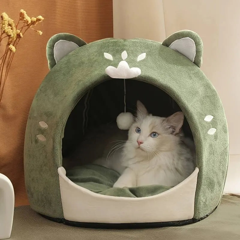 Cotton Cat Bed Soft Pet House with Cushion Cute Cozy Cat-Shaped for Small Dogs Autumn Winter Pet Supplies - Nekoby Cotton Cat Bed Soft Pet House with Cushion Cute Cozy Cat-Shaped for Small Dogs Autumn Winter Pet Supplies 40x40x40cm / green