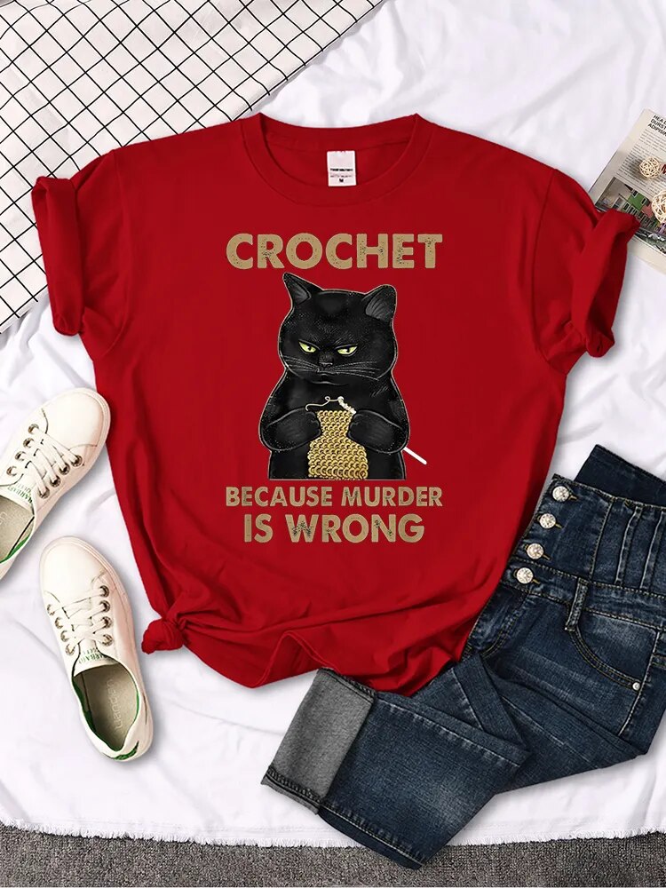 Whimsical Black Cat Shirt: A Playful Twist on Crochet with a witty Message - Nekoby Whimsical Black Cat Shirt: A Playful Twist on Crochet with a witty Message Red||14 / Asian XL||5