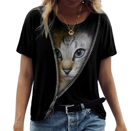 3D Cats Women T Shirt - Grey Cat in the Zip
