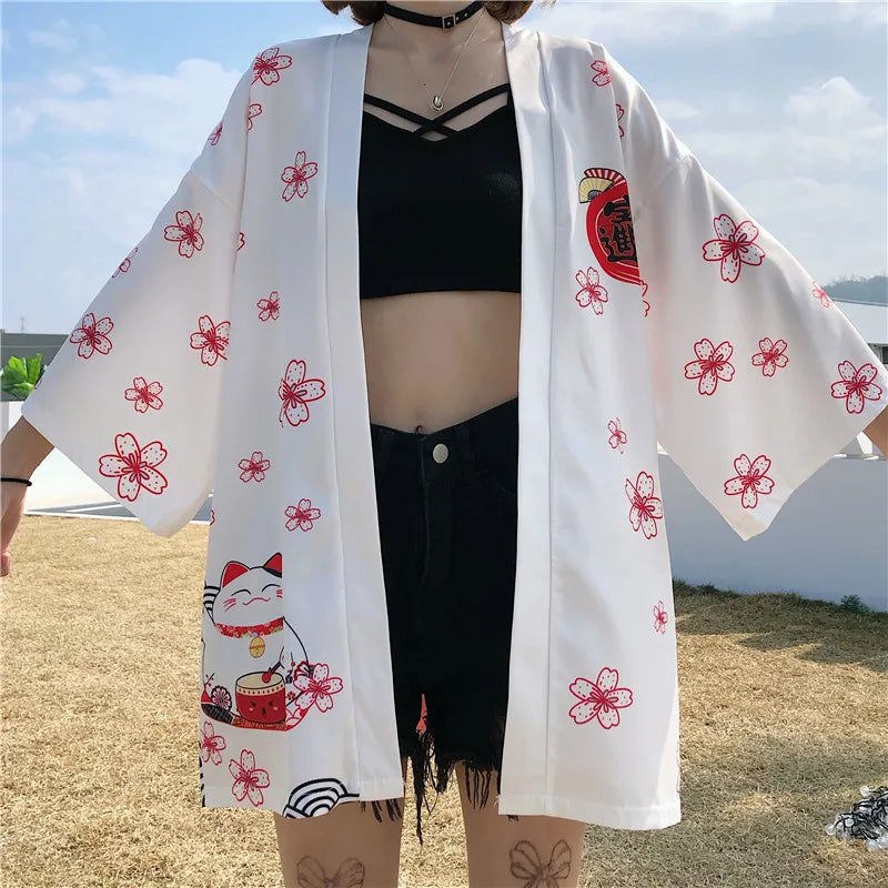 Harajuku Japanese Kimono Style Tops Blouse Clothing White Black Lucky –  Nekoby