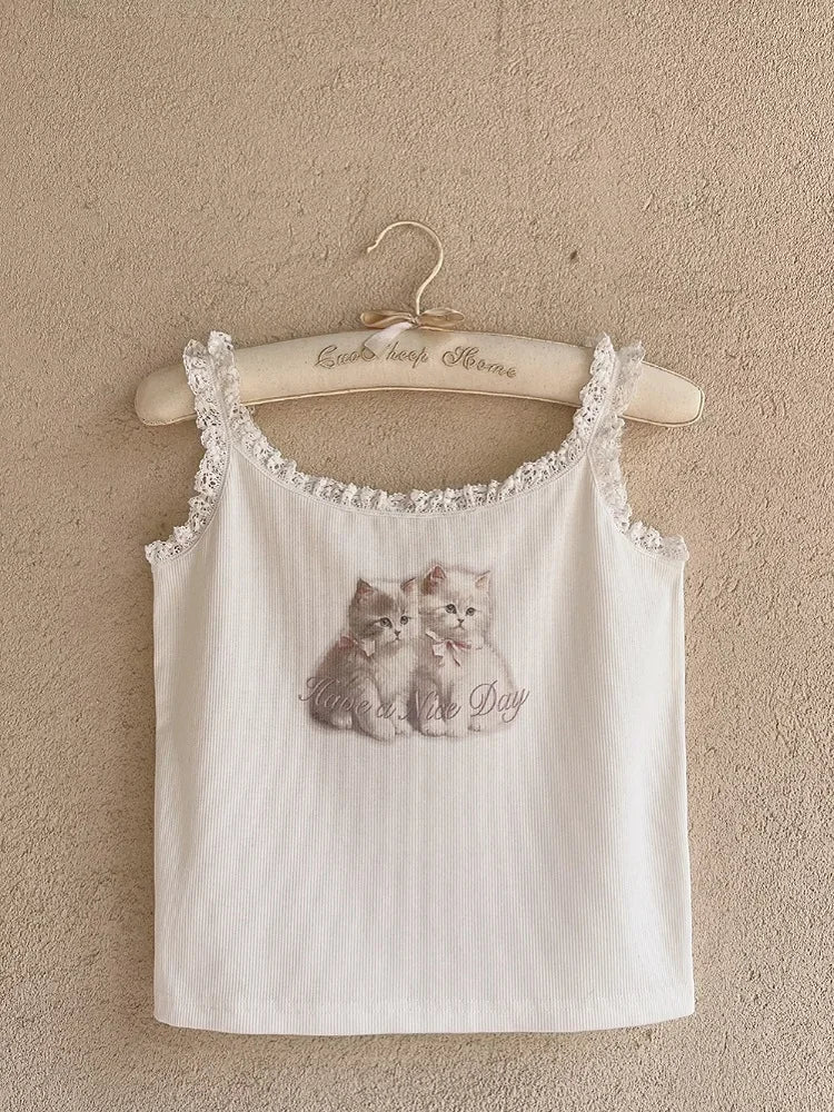 Lace Trimmed Two Cats Print Crop Tops for Sweet Girls Kawaii Clothes Perfect for Summer Season - Nekoby Lace Trimmed Two Cats Print Crop Tops for Sweet Girls Kawaii Clothes Perfect for Summer Season White Crop Top / M