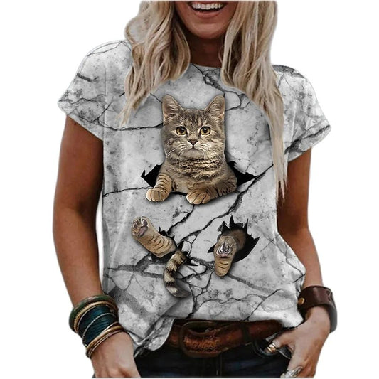 3D Cats Women T Shirt - Cutie cat breaks the wall