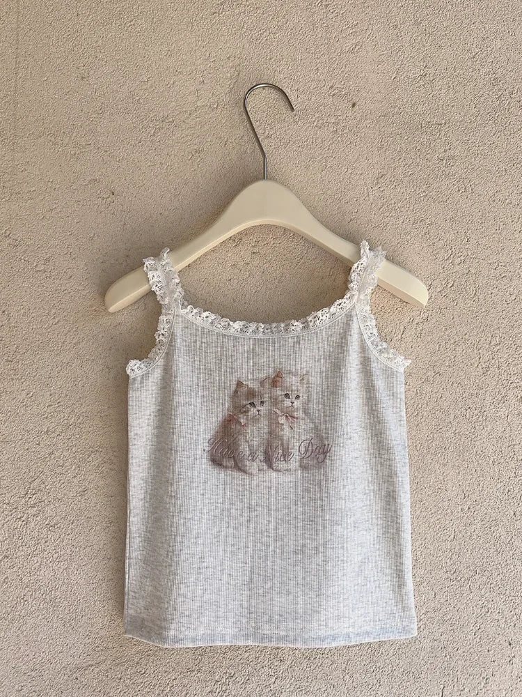 Lace Trimmed Two Cats Print Crop Tops for Sweet Girls Kawaii Clothes Perfect for Summer Season - Nekoby Lace Trimmed Two Cats Print Crop Tops for Sweet Girls Kawaii Clothes Perfect for Summer Season Gray Crop Top / S