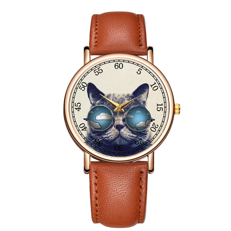 Blue cat Leather band Wristwatches - Women - Nekoby Blue cat Leather band Wristwatches - Women Coffee