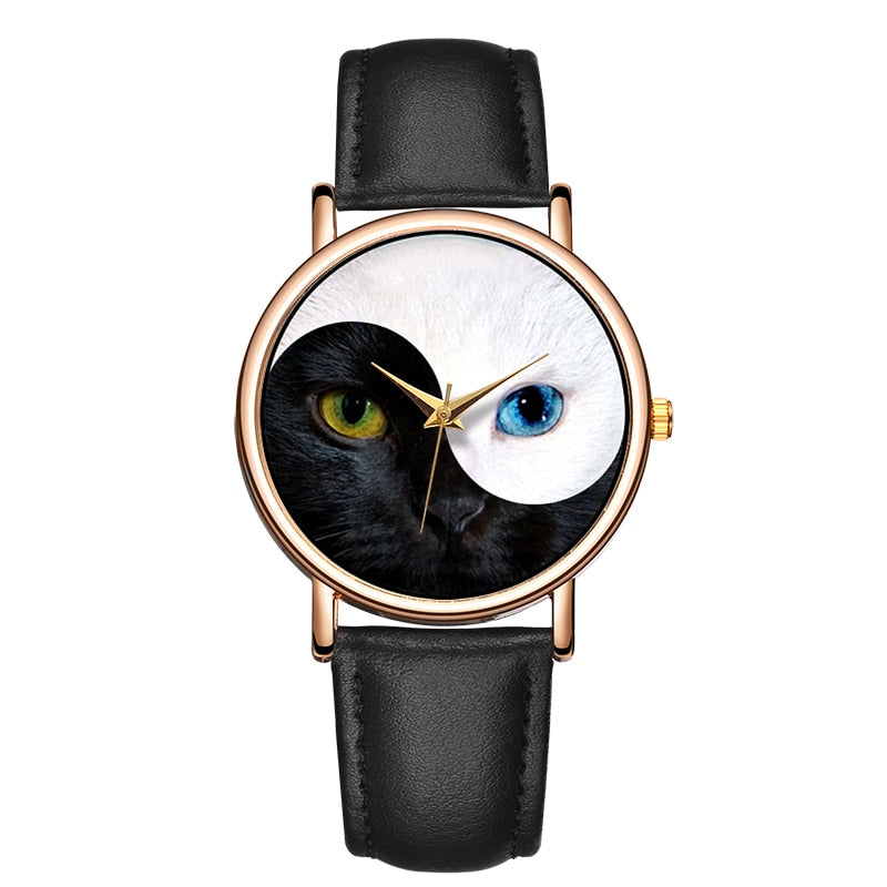 Cat Eyes Yin Yang Leather band Wristwatches - Women - Nekoby Cat Eyes Yin Yang Leather band Wristwatches - Women Brown
