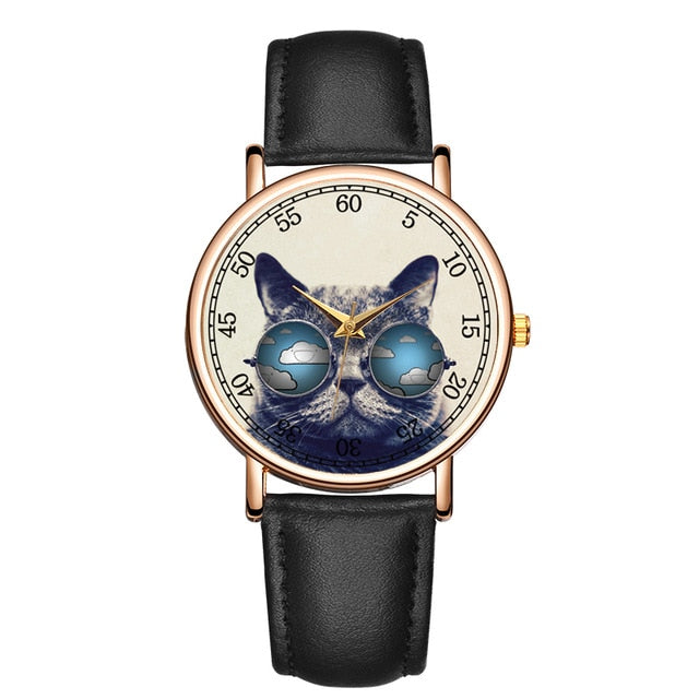 Blue cat Leather band Wristwatches - Women - Nekoby Blue cat Leather band Wristwatches - Women Black