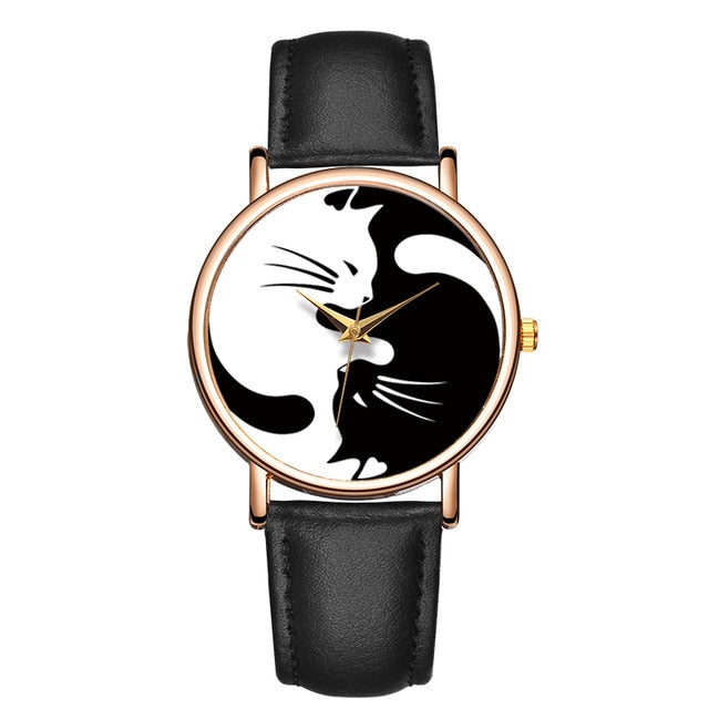 Cat Yin Yang Leather band Wristwatches - Women - Nekoby Cat Yin Yang Leather band Wristwatches - Women Black