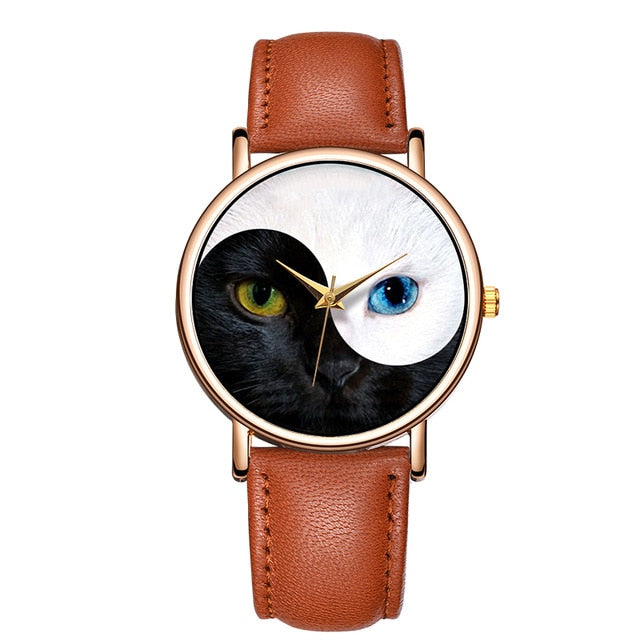 Cat Eyes Yin Yang Leather band Wristwatches - Women - Nekoby Cat Eyes Yin Yang Leather band Wristwatches - Women Coffee