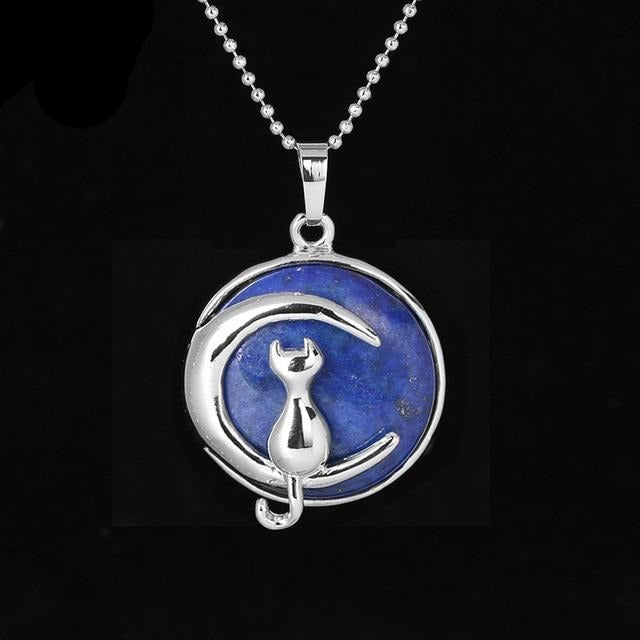 Cat on Moon Natural Stone Necklace - Nekoby Cat on Moon Natural Stone Necklace Lapis Lazuli