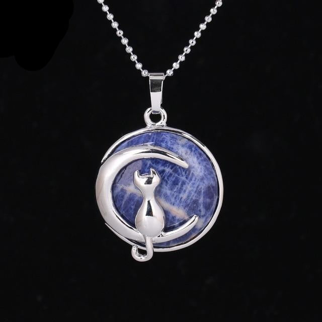 Cat on Moon Natural Stone Necklace - Nekoby Cat on Moon Natural Stone Necklace Sodalite