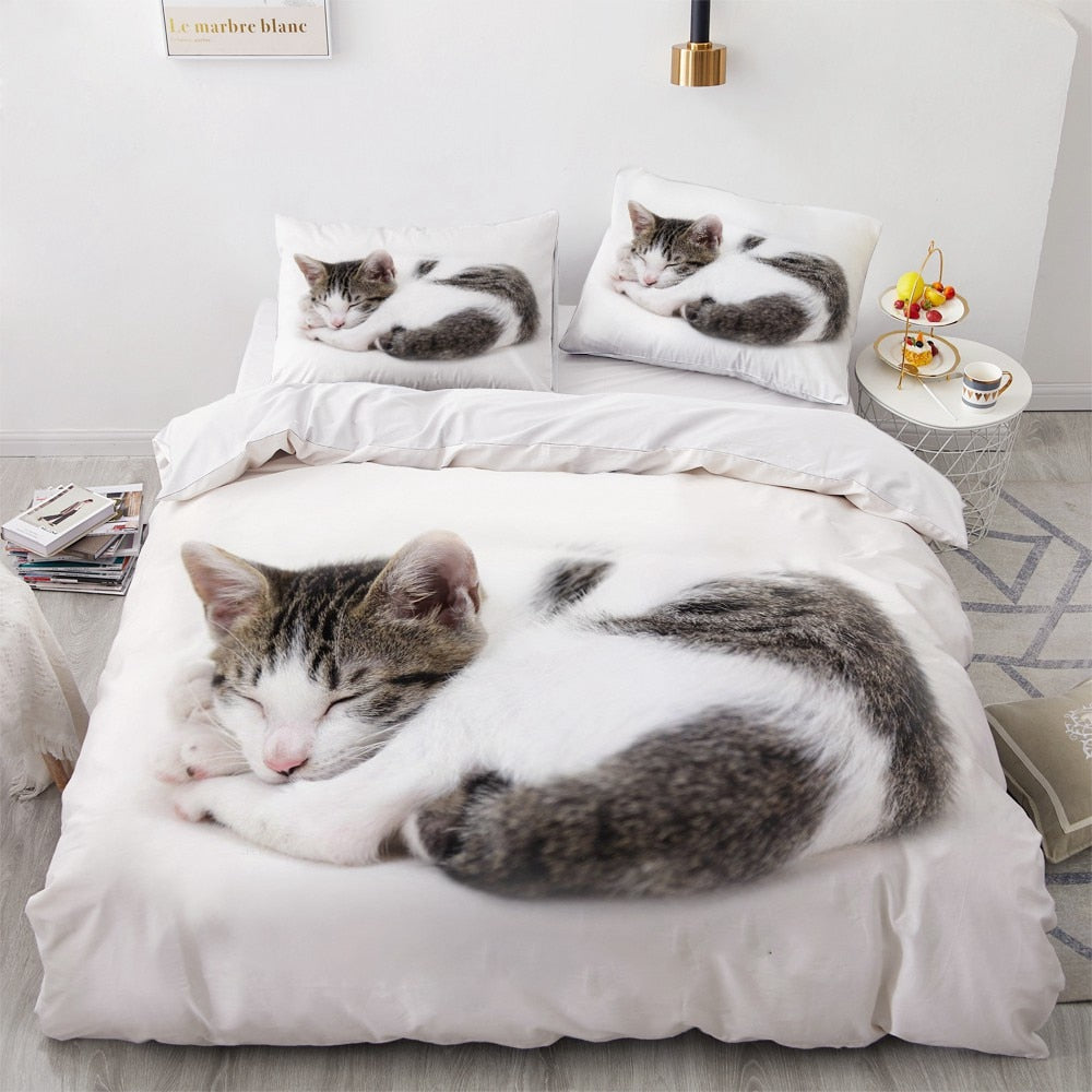 3D Bedding Sets White Duvet Quilt Cover Set Sleeping Cat - Nekoby 3D Bedding Sets White Duvet Quilt Cover Set Sleeping Cat