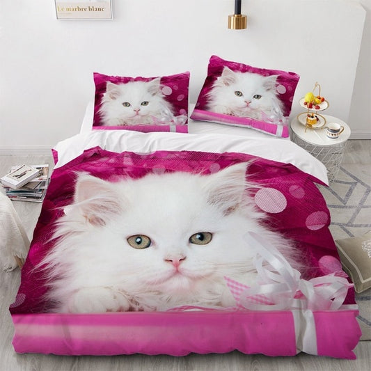 3D Bedding Sets White Duvet Quilt Cover- Cat in Pink - Nekoby 3D Bedding Sets White Duvet Quilt Cover- Cat in Pink AU Queen