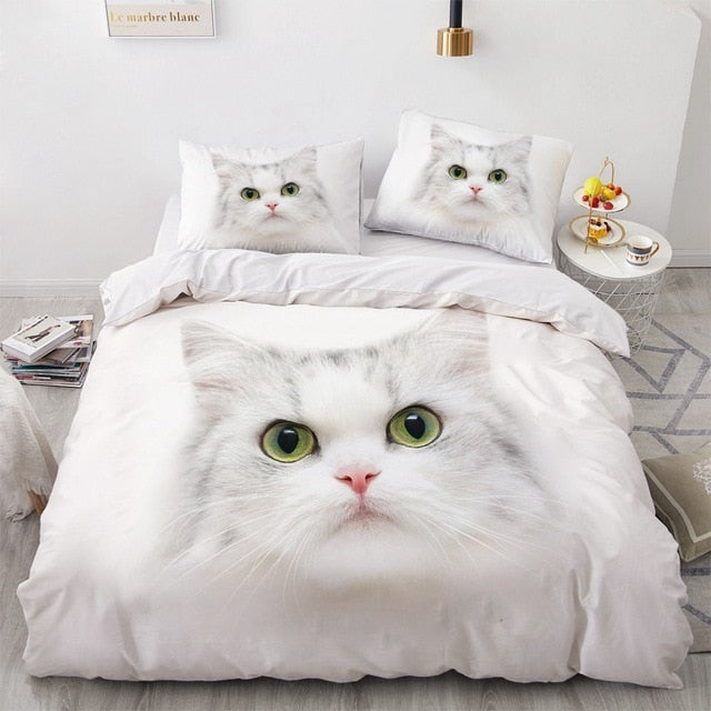 3D Bedding Sets White Duvet Quilt Cover Set Comforter - Snowy Cat - Nekoby 3D Bedding Sets White Duvet Quilt Cover Set Comforter - Snowy Cat UK Single