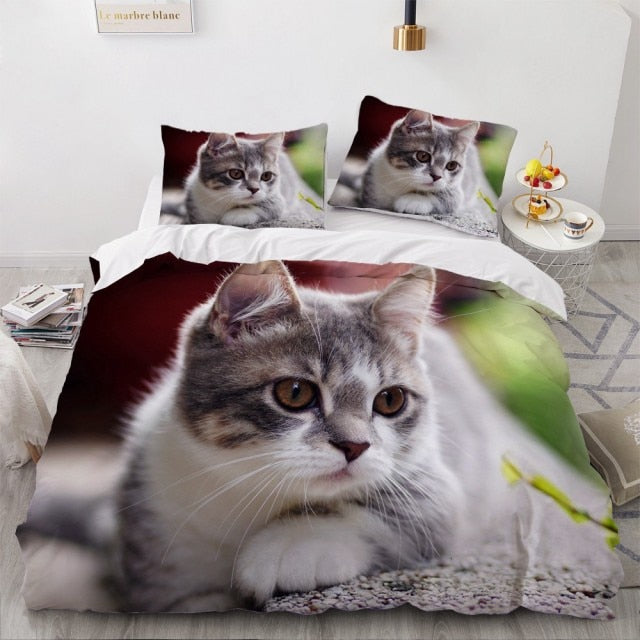 3D Bedding Sets White Duvet Quilt Cover Set - cutie grey cat - Nekoby 3D Bedding Sets White Duvet Quilt Cover Set - cutie grey cat AU Single