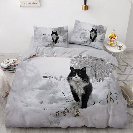3D Bedding Sets White Duvet Quilt Cover Set - Snowy Cat - Nekoby 3D Bedding Sets White Duvet Quilt Cover Set - Snowy Cat UK Single