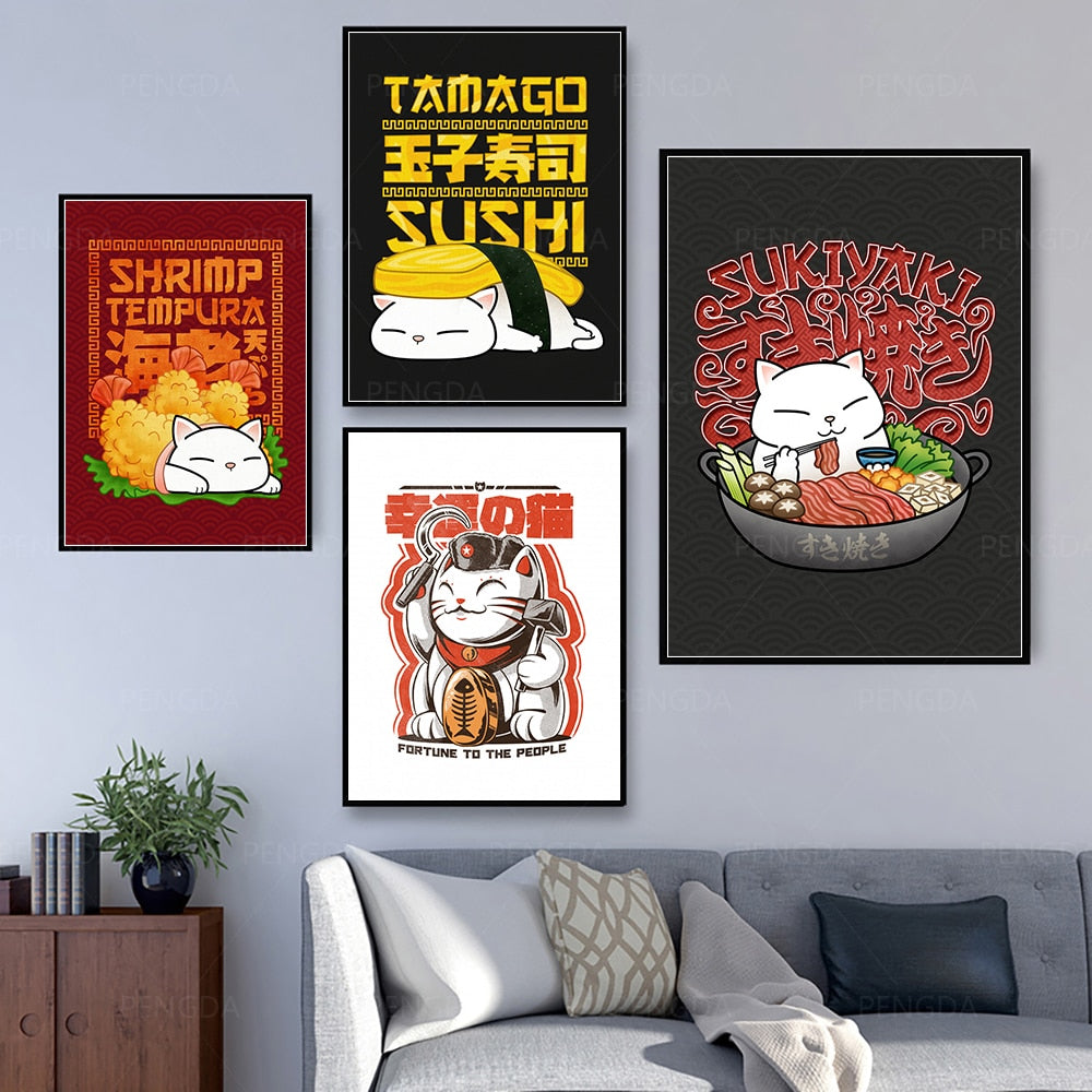 Japanese Cuisine Cute Cat Canvas Paintings Poster - Poster set (4) - Nekoby Japanese Cuisine Cute Cat Canvas Paintings Poster - Poster set (4)
