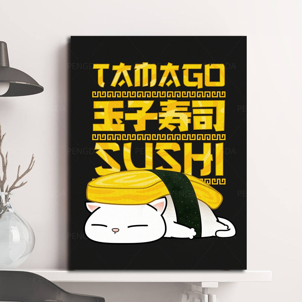 Japanese Cuisine Cute Cat Canvas Paintings Poster - Egg sushi - Nekoby Japanese Cuisine Cute Cat Canvas Paintings Poster - Egg sushi