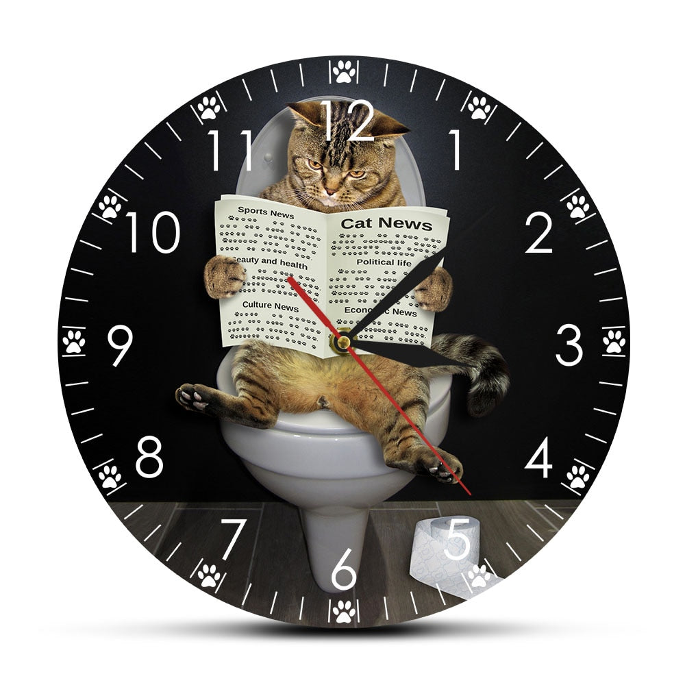 Cat Reading Newspaper On Toilet Bedroom Silent Wall Clock - Nekoby Cat Reading Newspaper On Toilet Bedroom Silent Wall Clock