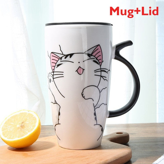 600ml Cute Cat catoon Ceramics Coffee Mug - Nekoby 600ml Cute Cat catoon Ceramics Coffee Mug Pattern 3 with lid