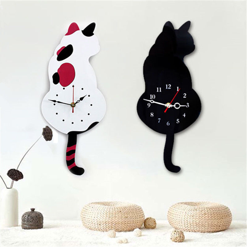 Creative Cute White/Black Wagging Tail Cat Wall Clock - Nekoby Creative Cute White/Black Wagging Tail Cat Wall Clock