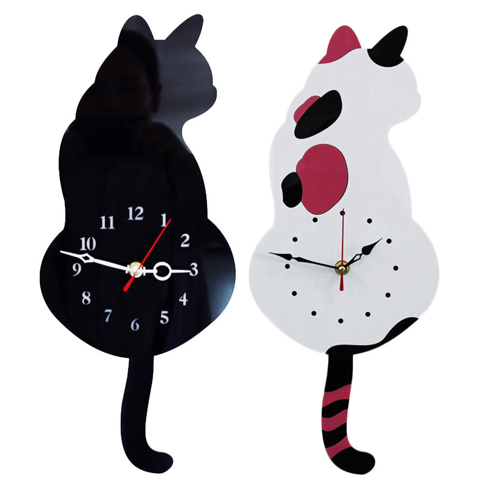 Creative Cute White/Black Wagging Tail Cat Wall Clock - Nekoby Creative Cute White/Black Wagging Tail Cat Wall Clock