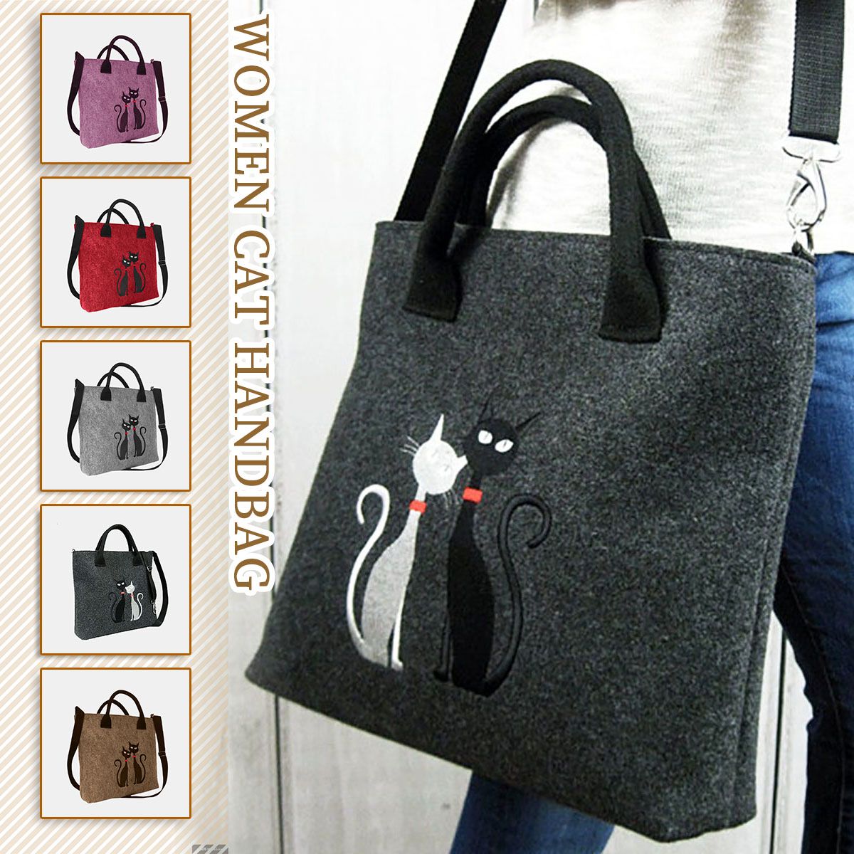 Women's Felt Handbag Cat Print Shoulder Bags Shopping Bag Casual Laptop Bag - Nekoby Women's Felt Handbag Cat Print Shoulder Bags Shopping Bag Casual Laptop Bag