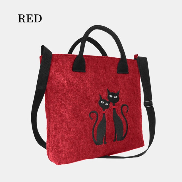 Women's Felt Handbag Cat Print Shoulder Bags Shopping Bag Casual Laptop Bag - Nekoby Women's Felt Handbag Cat Print Shoulder Bags Shopping Bag Casual Laptop Bag wine red
