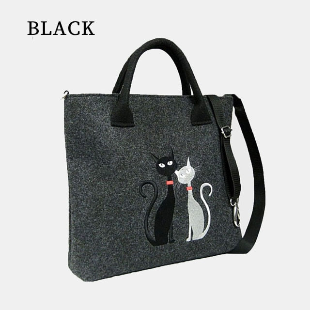 Women's Felt Handbag Cat Print Shoulder Bags Shopping Bag Casual Laptop Bag - Nekoby Women's Felt Handbag Cat Print Shoulder Bags Shopping Bag Casual Laptop Bag Black