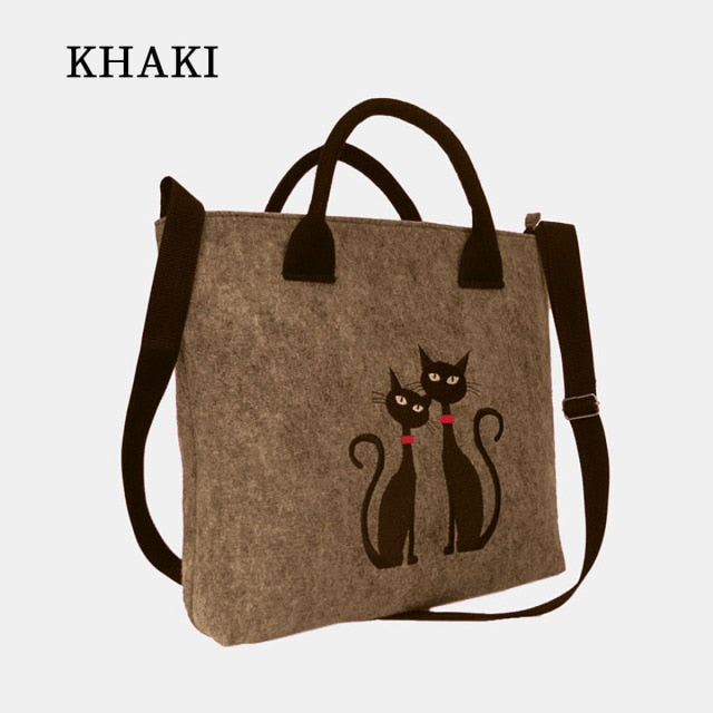 Women's Felt Handbag Cat Print Shoulder Bags Shopping Bag Casual Laptop Bag - Nekoby Women's Felt Handbag Cat Print Shoulder Bags Shopping Bag Casual Laptop Bag Khaki